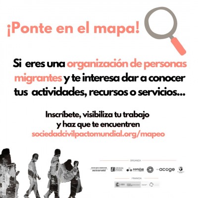 Cartel informativo sobre el mapeo de organizaciones de personas migrantes en castellano