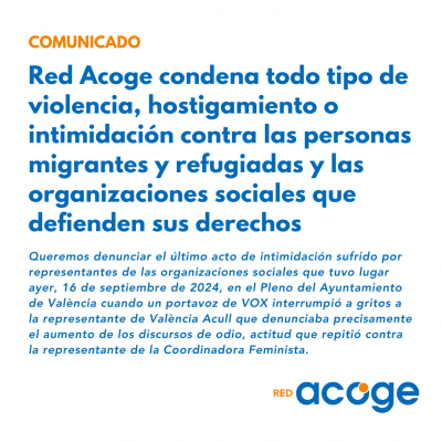 Texto Comunicado Red Acoge condena todo tipo de violencia, hostigamiento o intimidación contra las personas migrantes y refugiadas y a organizaciones sociales que defienden sus derechos  