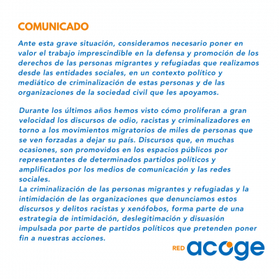 Texto Comunicado Red Acoge condena todo tipo de violencia, hostigamiento o intimidación contra las personas migrantes y refugiadas y a organizaciones sociales que defienden sus derechos  