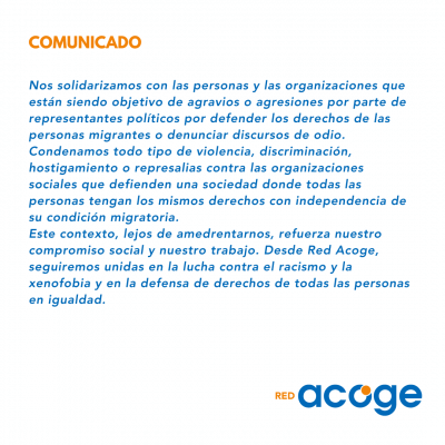 Texto Comunicado Red Acoge condena todo tipo de violencia, hostigamiento o intimidación contra las personas migrantes y refugiadas y a organizaciones sociales que defienden sus derechos  