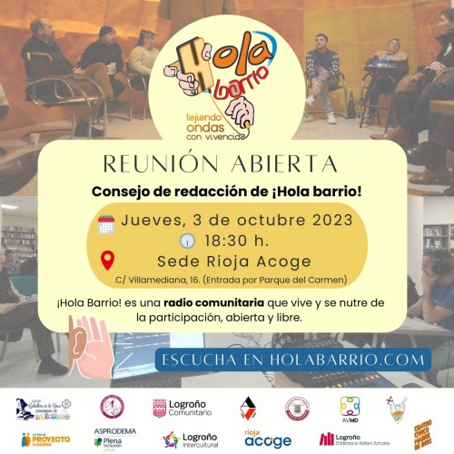 Cartel de la reunión abierta de la radio comunitaria hola barrio