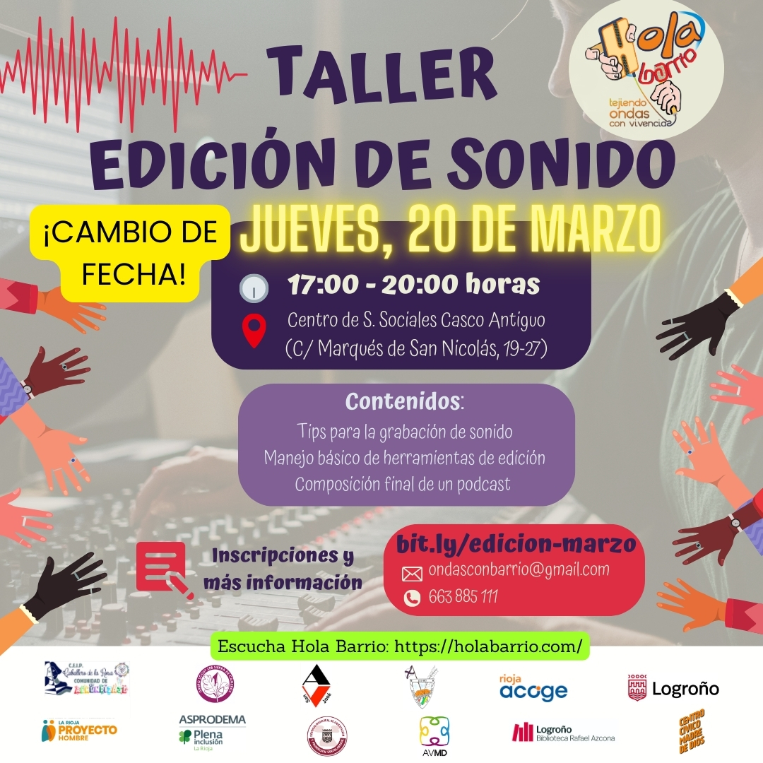 cartel del taller de sonido podcast de la radio comunitaria Hola Barrio